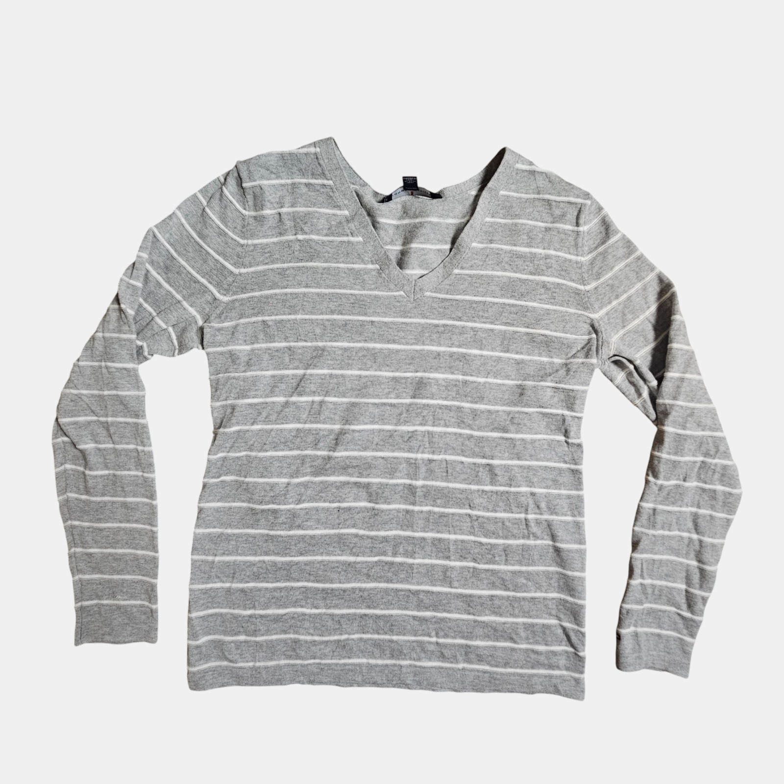 Tommy Hilfiger Womens V-Neck Striped Long Sleeve Sweater S Cotton Nautical